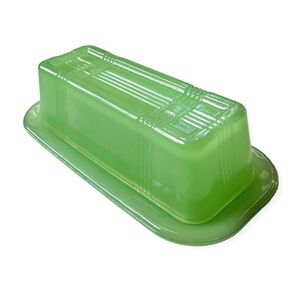 TPC Jadeite Butter Dish Green Glass Covered Tray Criss Cross Striped Retro
